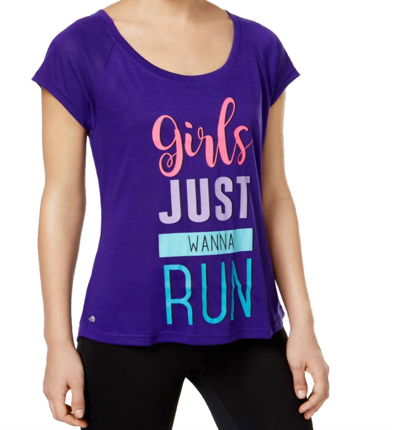 Ideology Womens Girl Just Wanna Run Graphic Print Short Sleeves T-Shirt