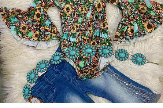 Lulu Clothes - Girl's Sunflower & Leopard Cross Baby Onesie With Headband - Rack Hunt -