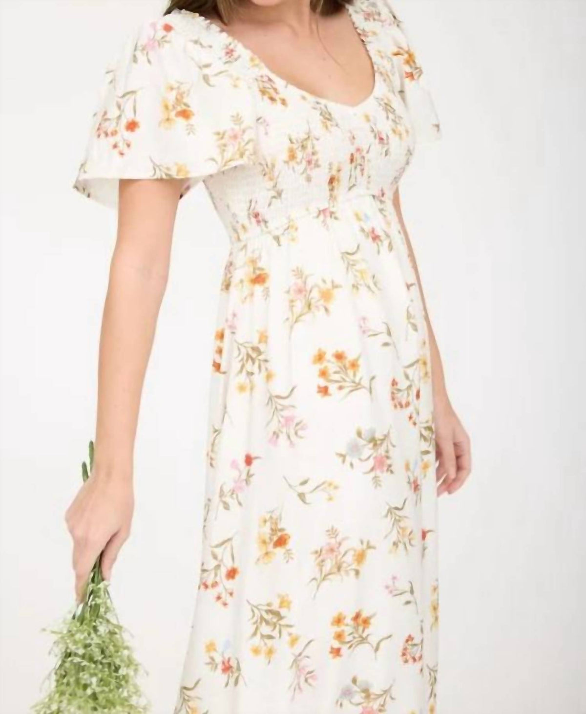 Floral Bell Sleeve Smocked Bust Midi Dress