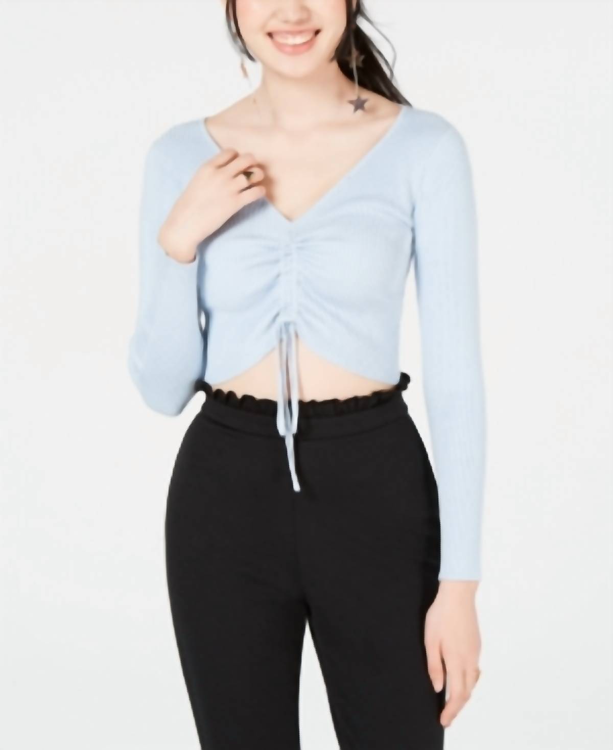 Juniors Ruched Front Cropped Sweater