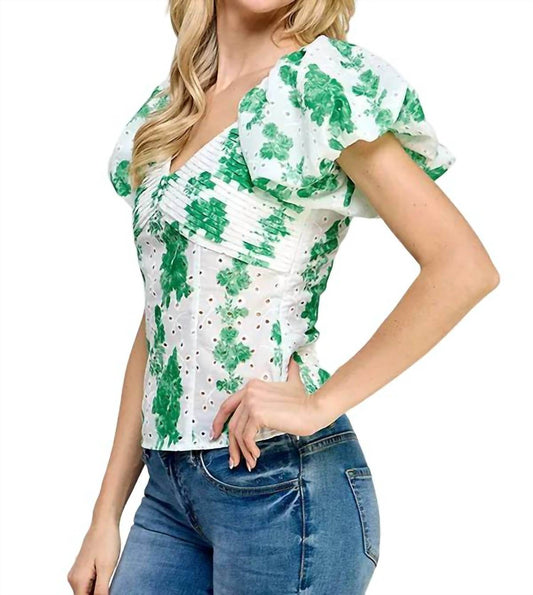 Rubienn - Eyelet Floral Print Balloon Sleeve Top - Rack Hunt -