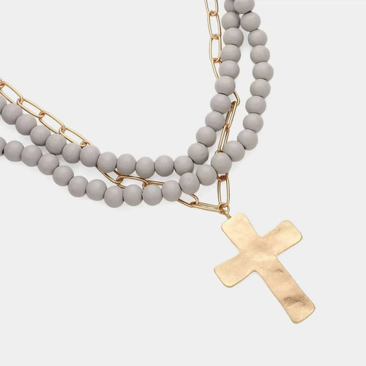 Sensibling Corp - Women's Maribelle Hammered Metal Cross Pendant Wood Bead Necklace - Rack Hunt