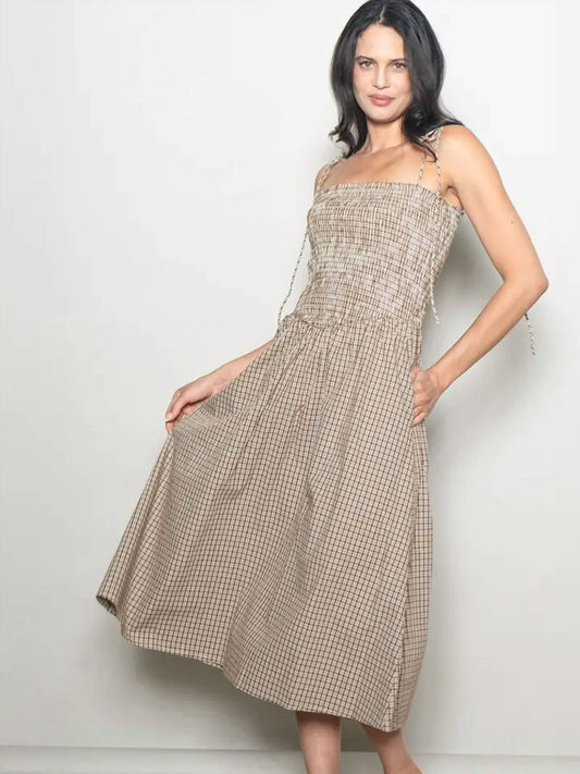 SMOCKED CHEST DROP WAIST PLAID CHECKERED DRESS WITH POCKETS