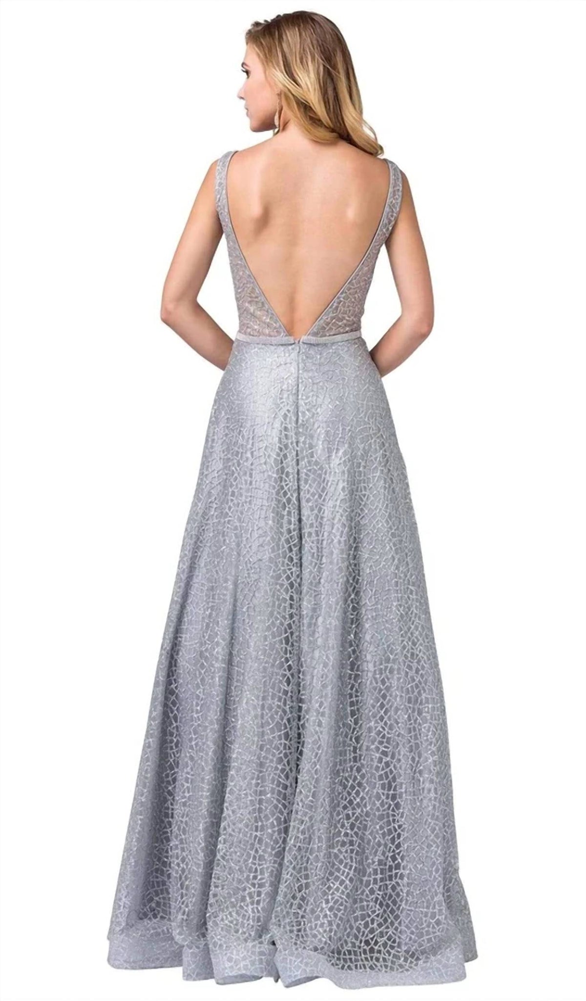 Illusion Plunging V-neck Glitter Mesh Prom Maxi Dress