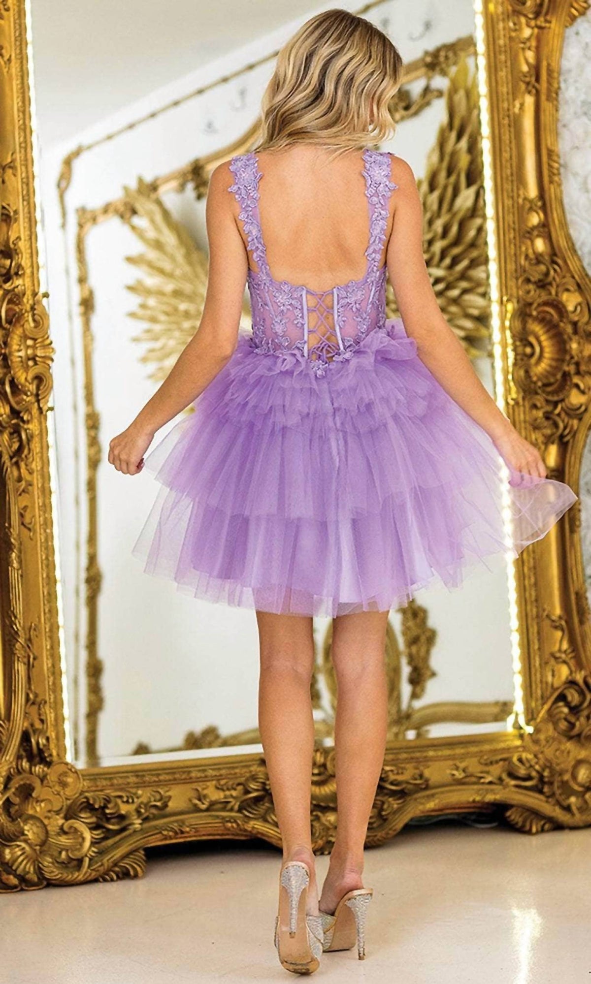 Lace Applique Tiered Ruffle Skirt Tulle Party Dress