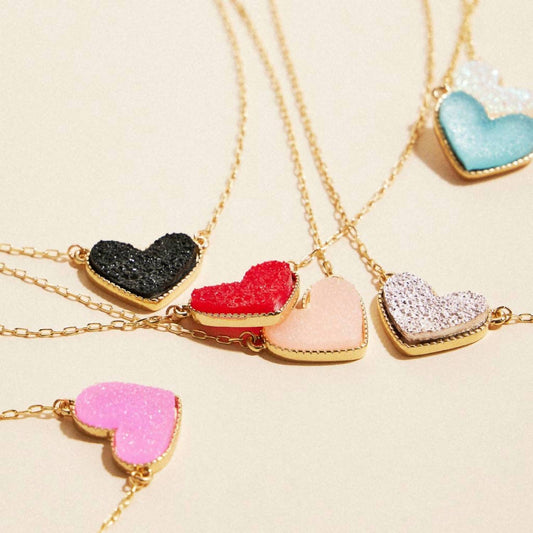 Women's Heart Druzy Stone Charm Short Necklace