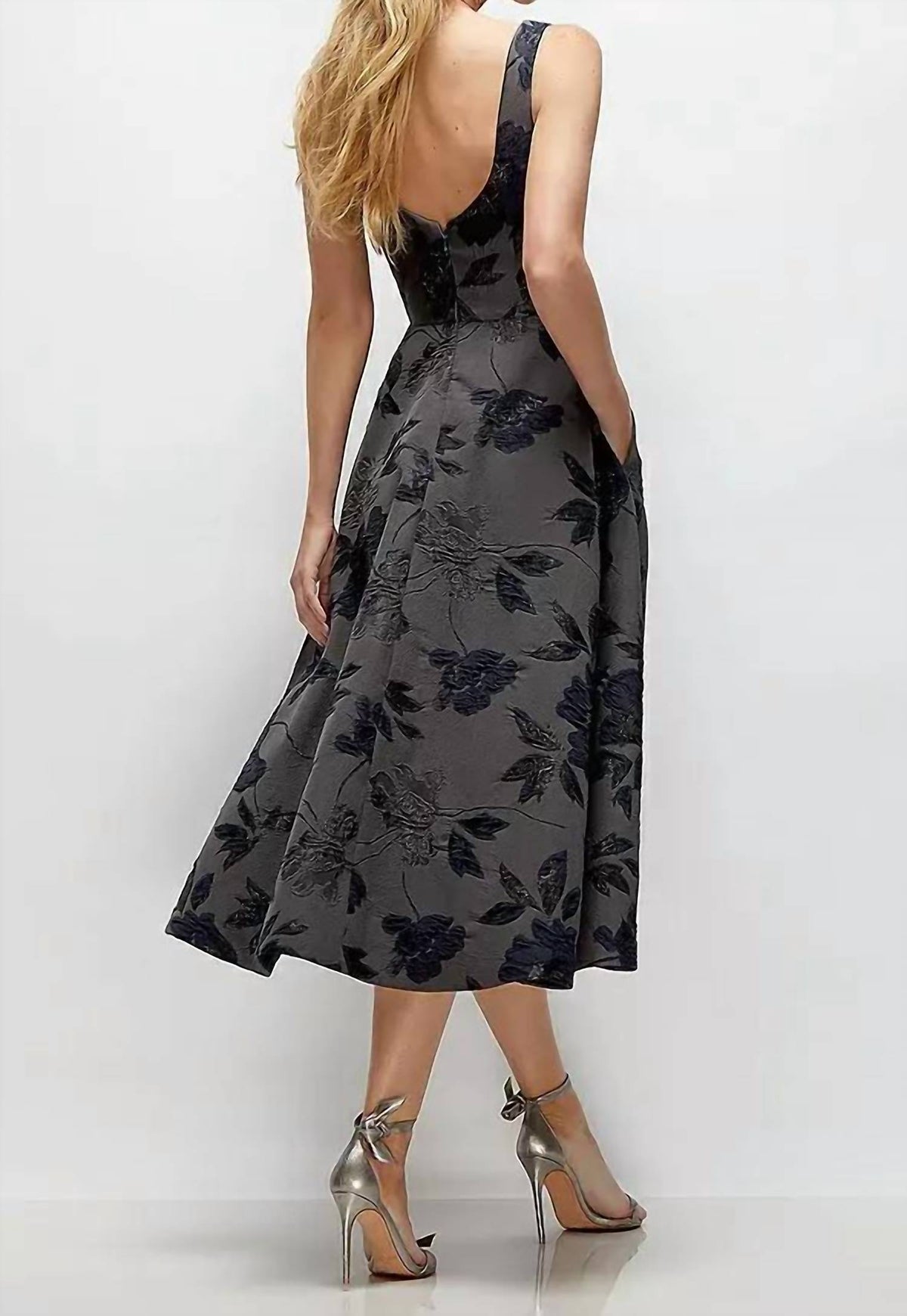 Square Neck Floral Metallic Jacquard Midi Dress