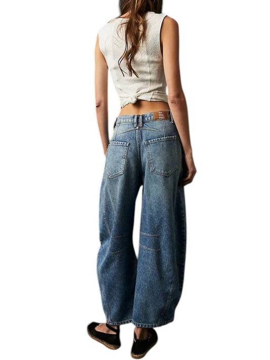 Dipped Shop Women's Washed Mid Rise Loose Barrel Jean in Dark Blue - view 2
