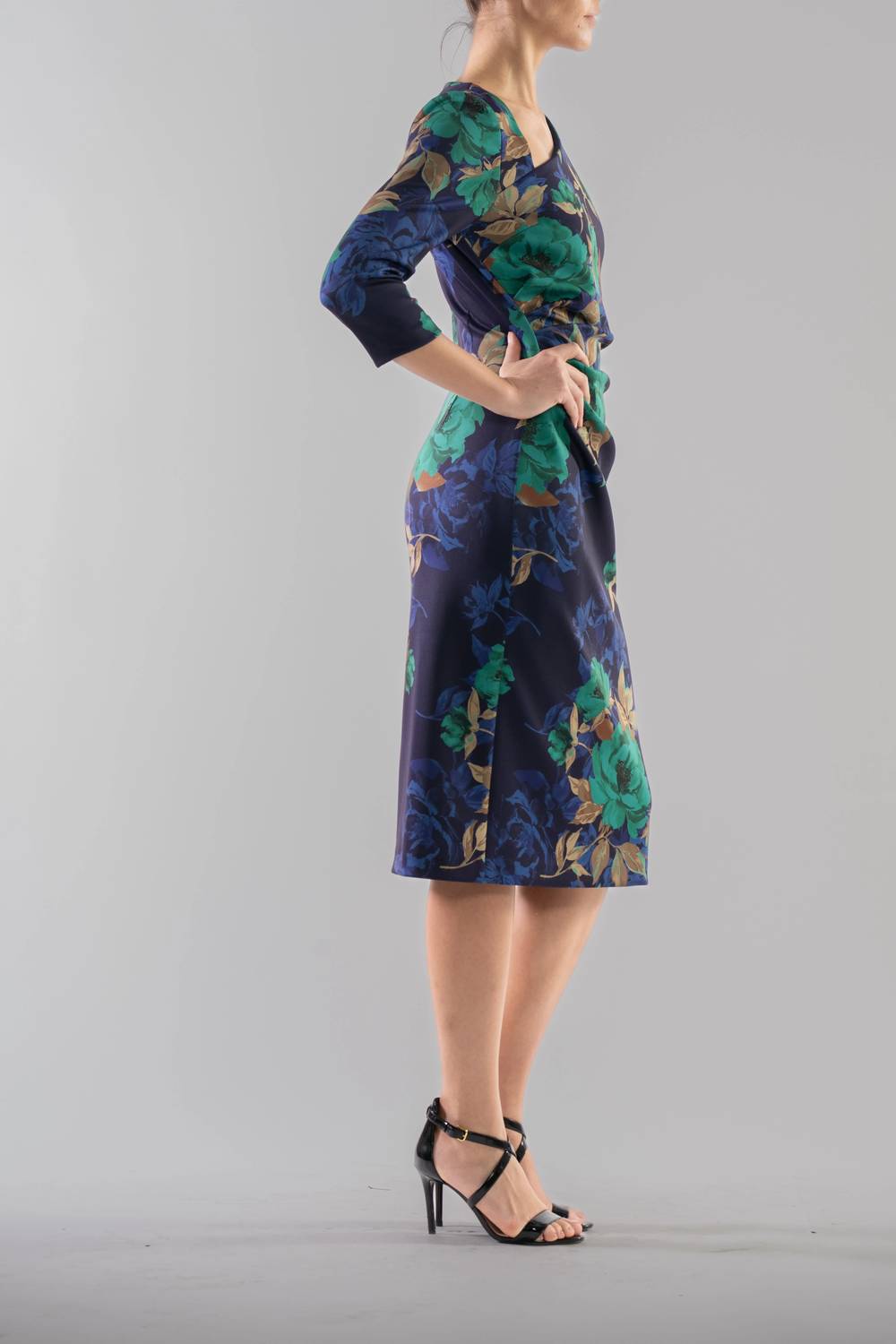 Asymmetric Neck Floral Midi Dress