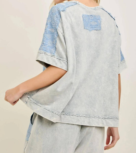 Mineral Washed Flower Patched Blouse Top