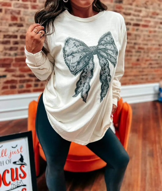 Birdie - Coquette Lace Bow Long Sleeve Graphic Tee - Rack Hunt
