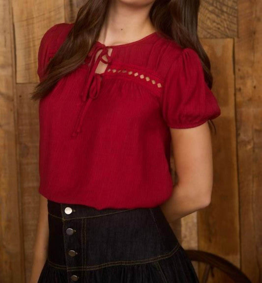 Mine and E&M - Eyelet Lace Trim Double Front Tie Puff Sleeve Top - Rack Hunt -