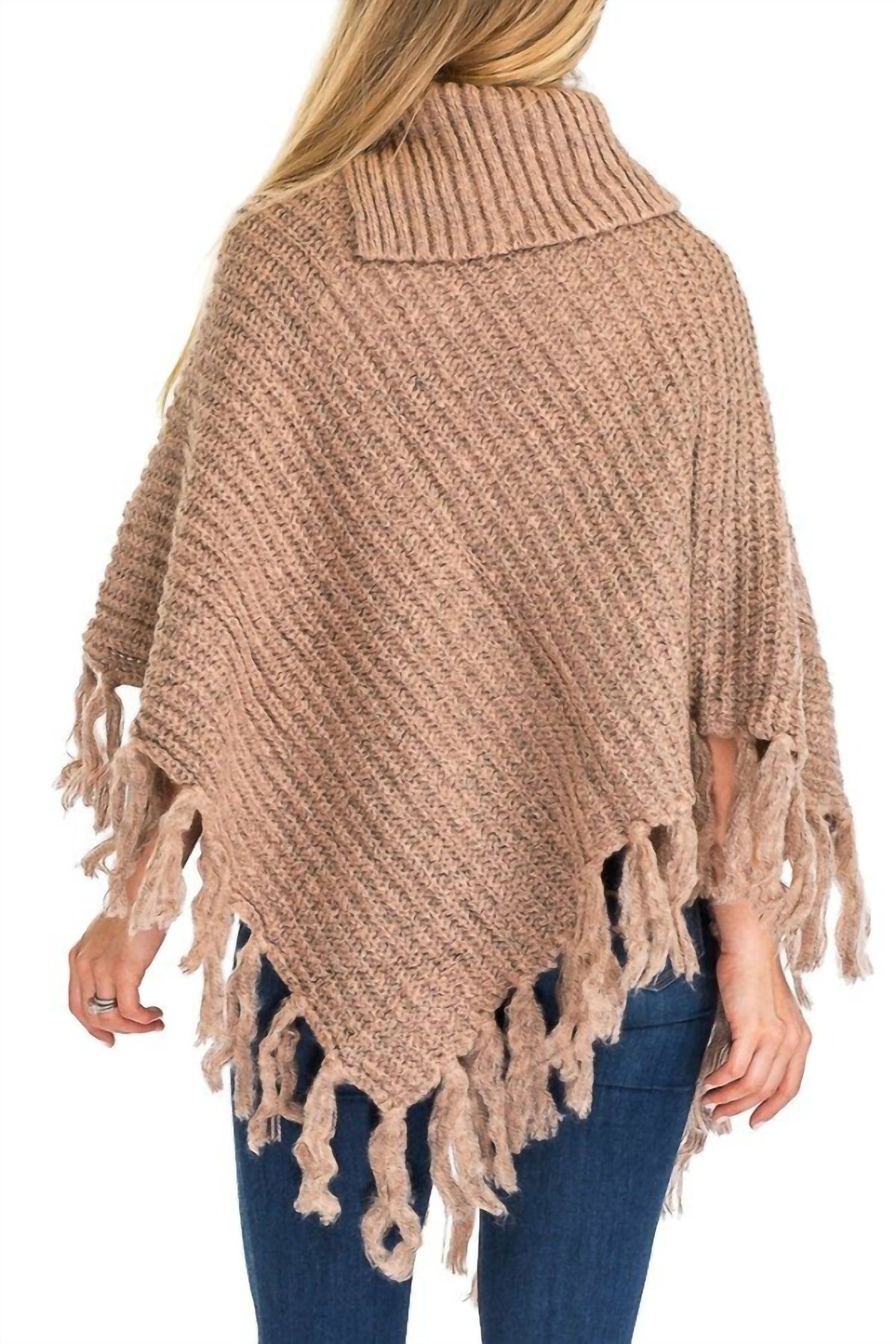 Turtleneck Ribbed Crochet Knit Poncho With Button Accent