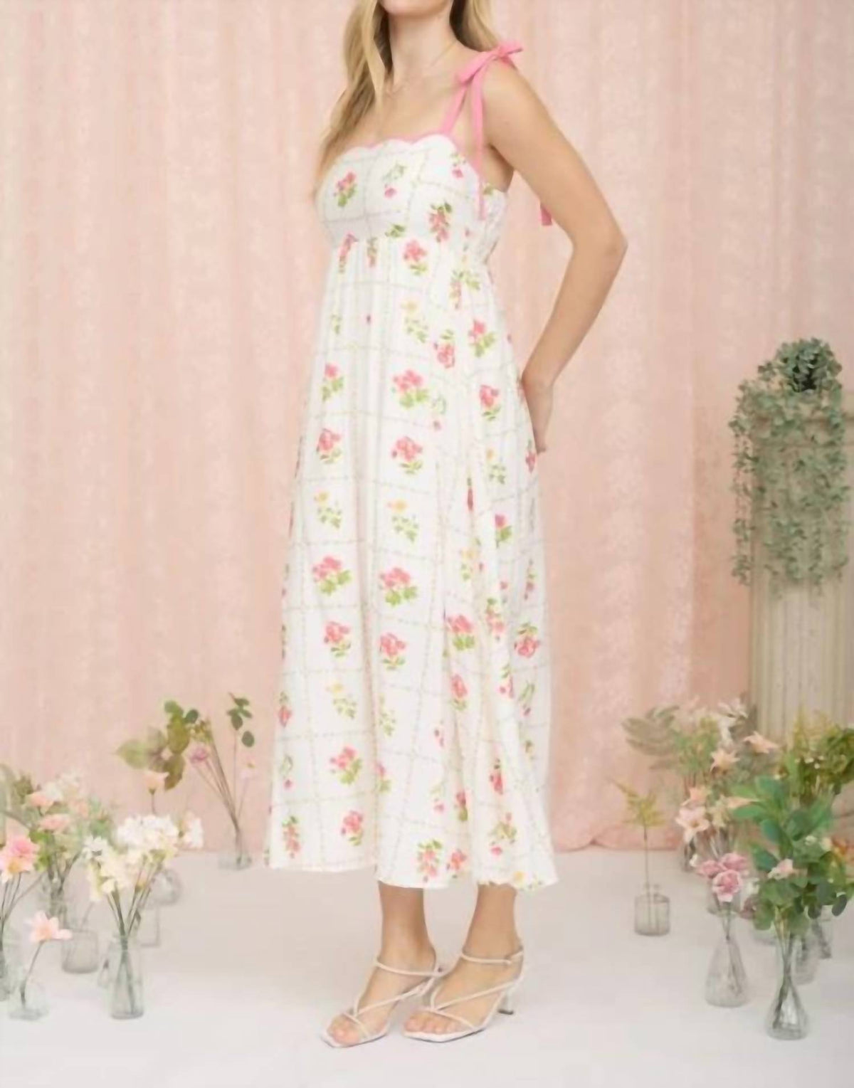 Floral Tile Pattern Scalloped Tie Strap Midi Dress