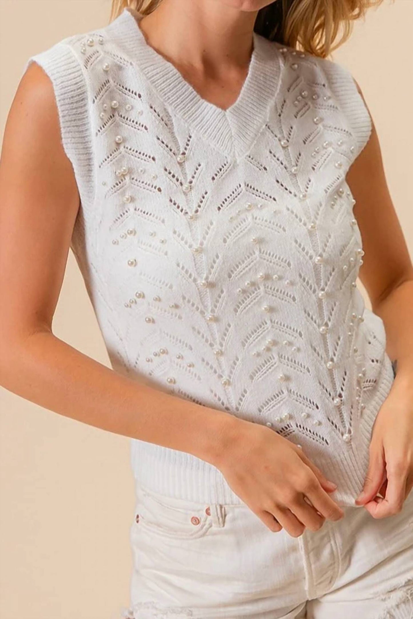 Chevron Pointelle Pearl Knit Top