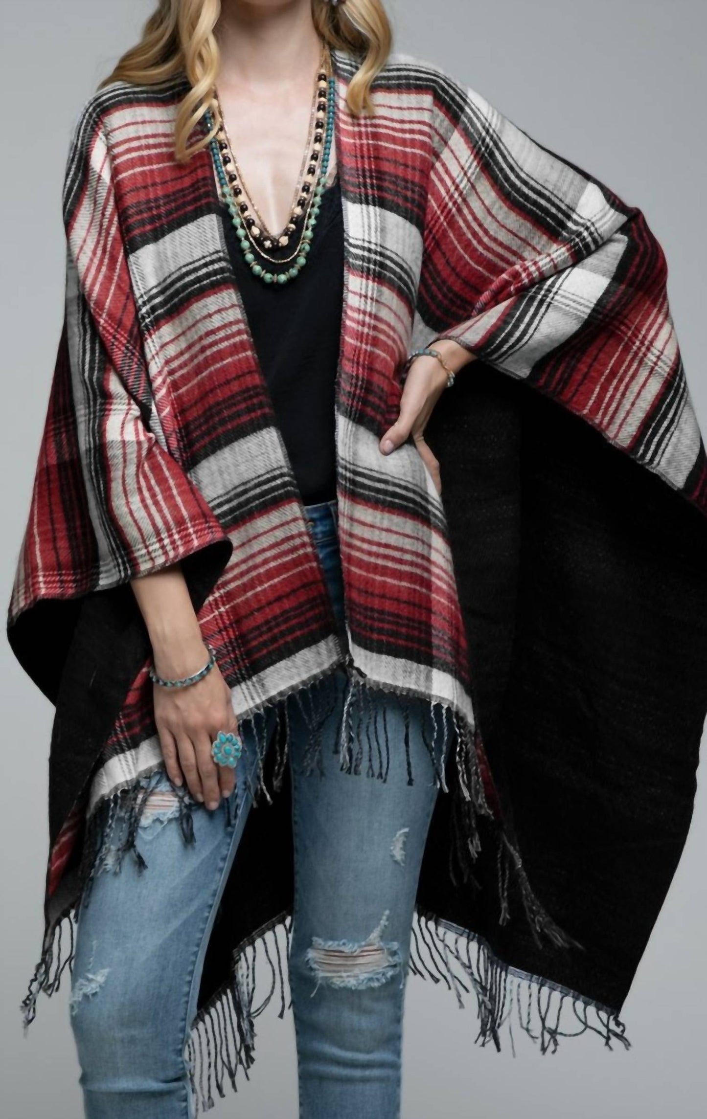 Women's Tassel Checked Poncho