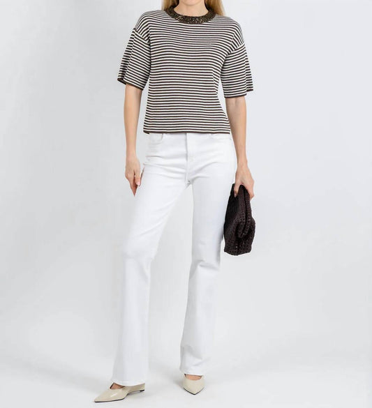 Sequin Neck Stripe Knit Sweater