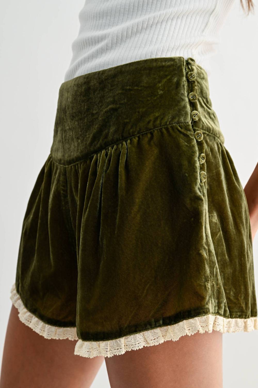 Velvet High-waisted Lace-trimmed Shorts