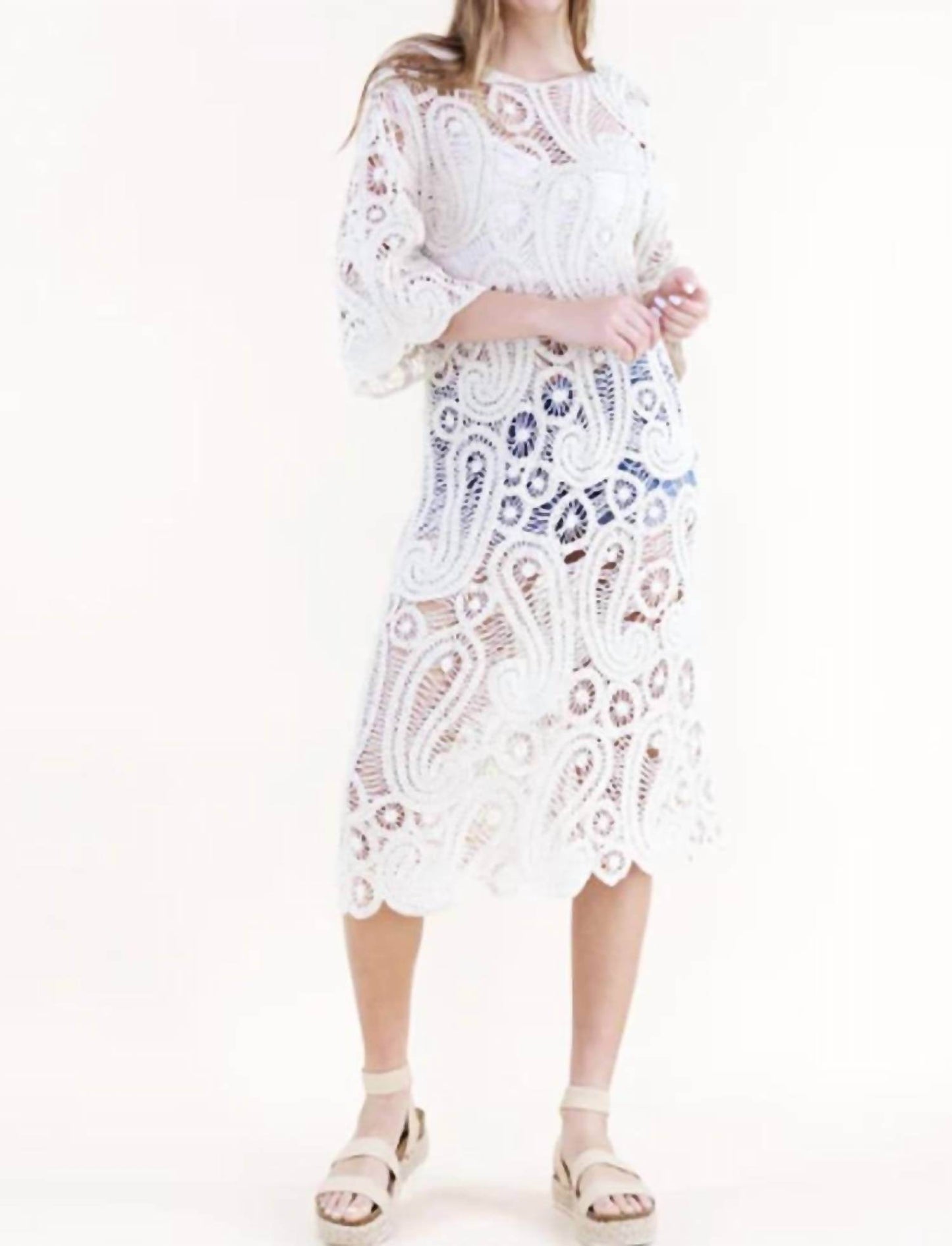 Original USA - Cotton Boho Paisley Boat Neck Crochet Midi Dress - Rack Hunt -