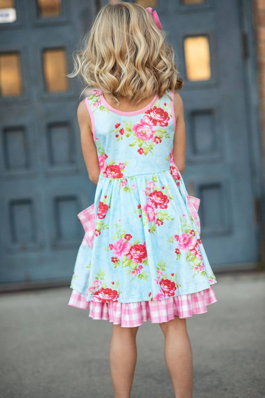 Girls Floral Gingham Check Pocket Ruffle Dress