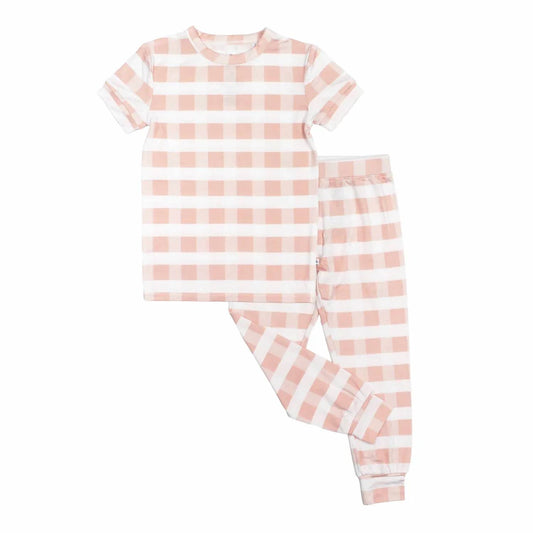 Kids Gingham Two-piece Bamboo Short Sleeve Pajama Pants Set