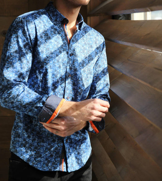 Long Sleeve Button Down Paisley Print Shirt With Dot Trim