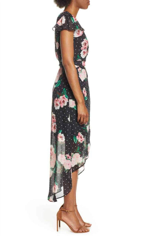 Julia Jordan - Faux Wrap Black Dots Floral High Low Chiffon Dress - Rack Hunt -