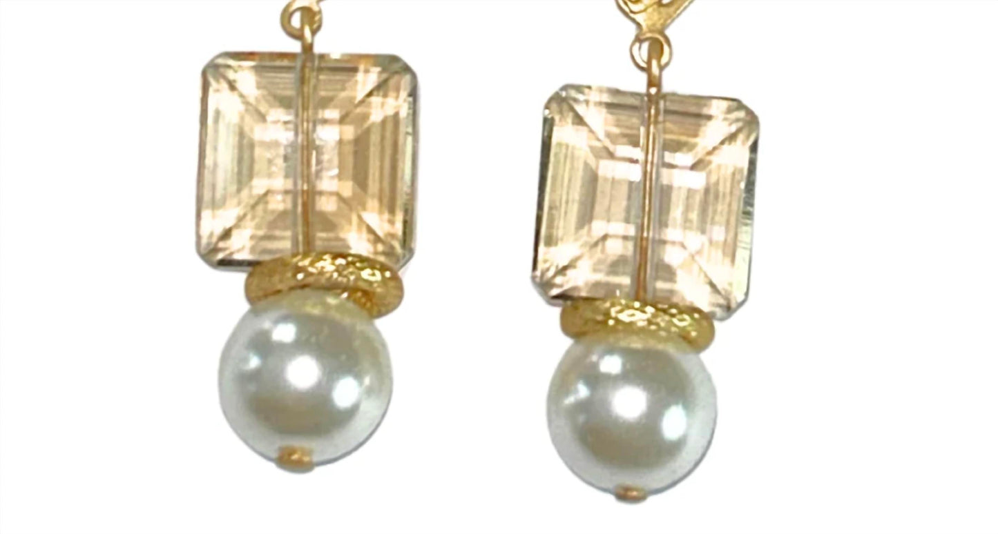 Women's Square Light Colorado Topaz Crystal With Glass Pearl Earrings