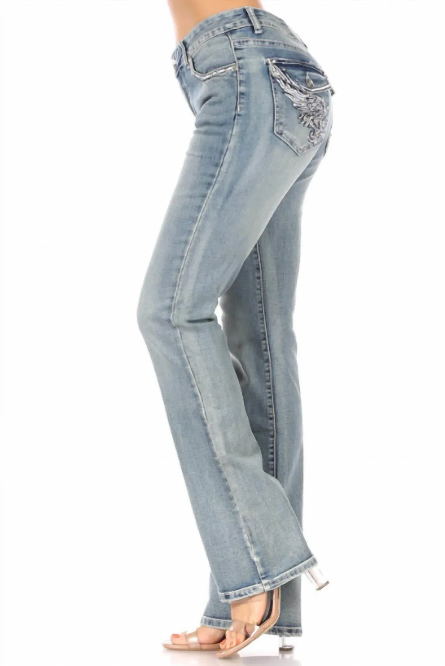 Bus Stop - Sparkle Wings Distressed Skull Jean - Rack Hunt