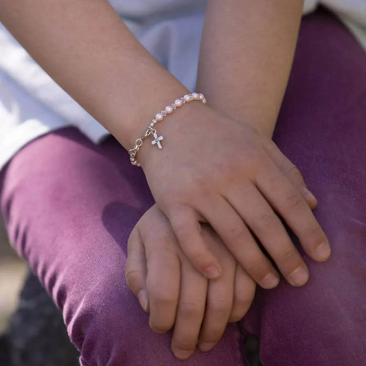 Cherished Moments - Kid's Girls Bella Pearl And Cross Bracelet - Rack Hunt