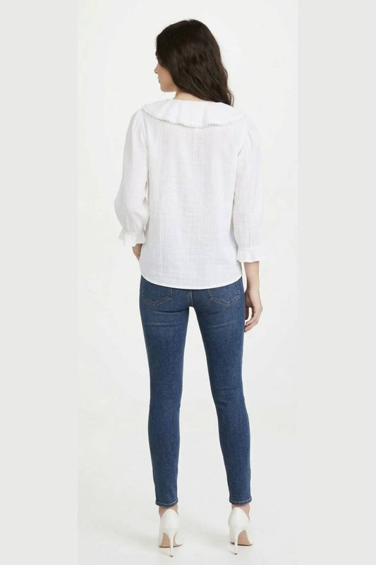 Pom-pom Trim Ruffle Blouse