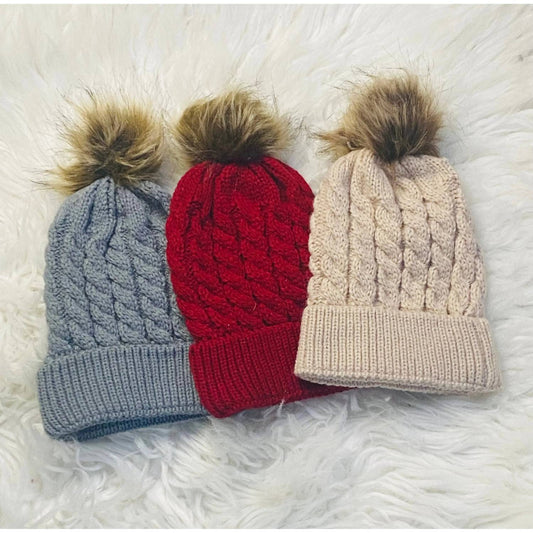 Kid's Knit Beanie With Fur Pom Pom