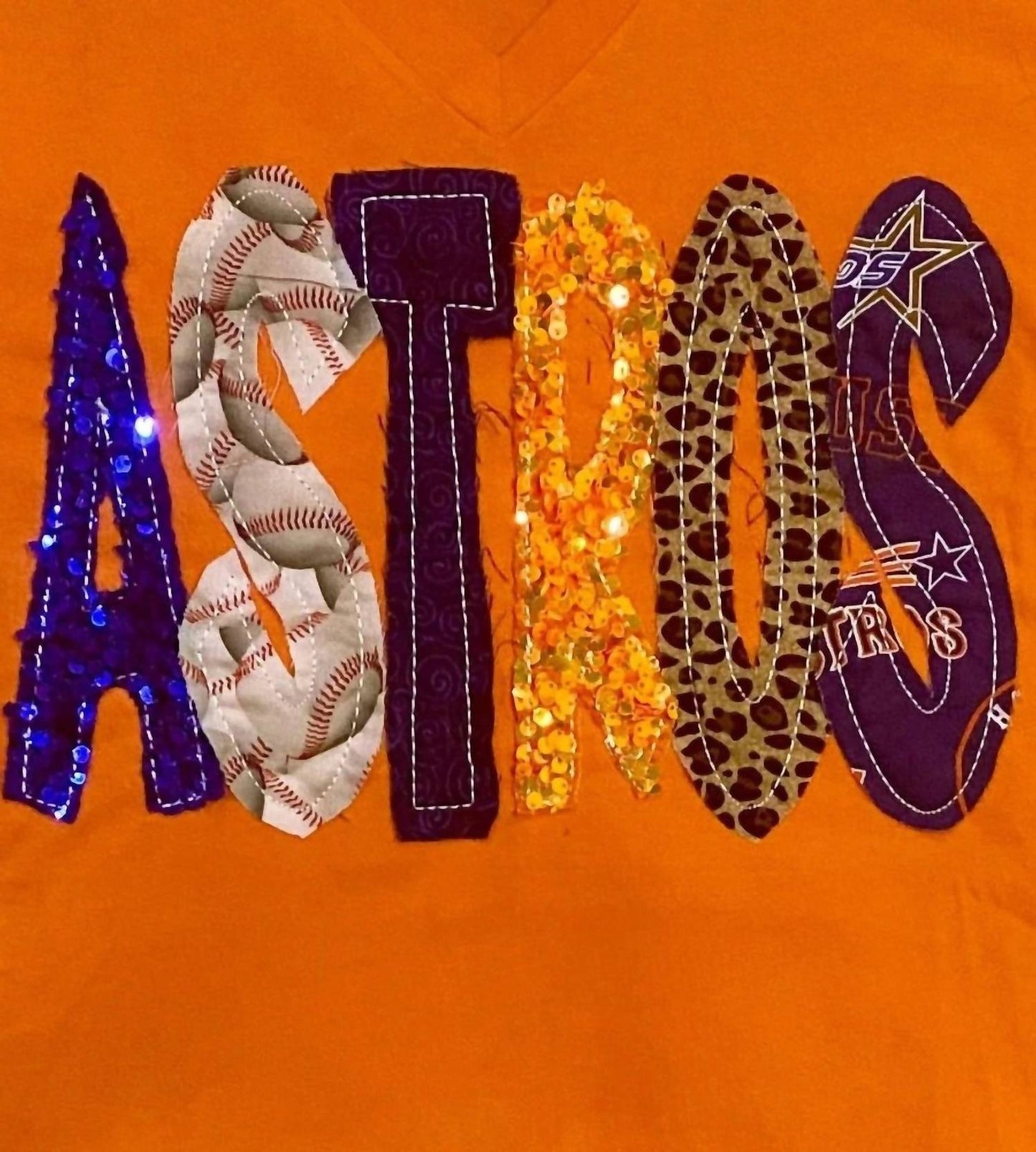 Women's Astros Sequin Patch V Neck Tee