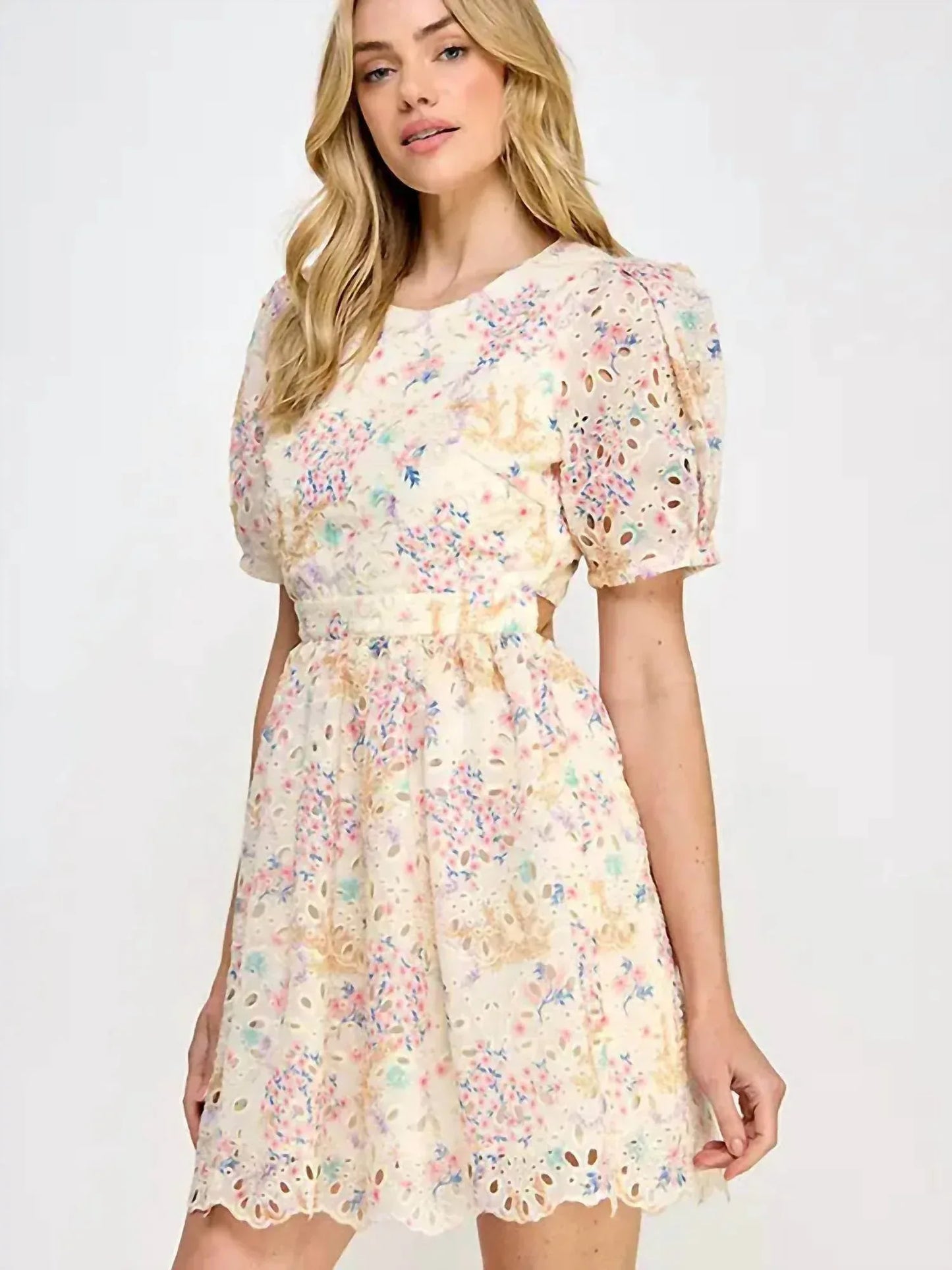 Rubienn - Floral Print Eyelet Short Dress - Rack Hunt