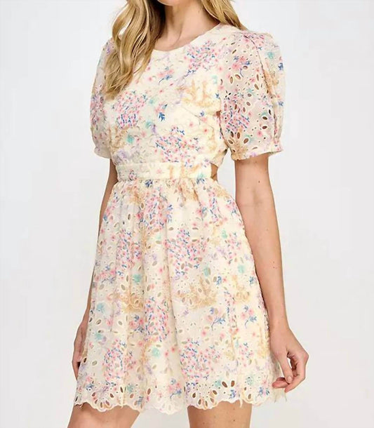 Rubienn - Floral Print Eyelet Short Dress - Rack Hunt -