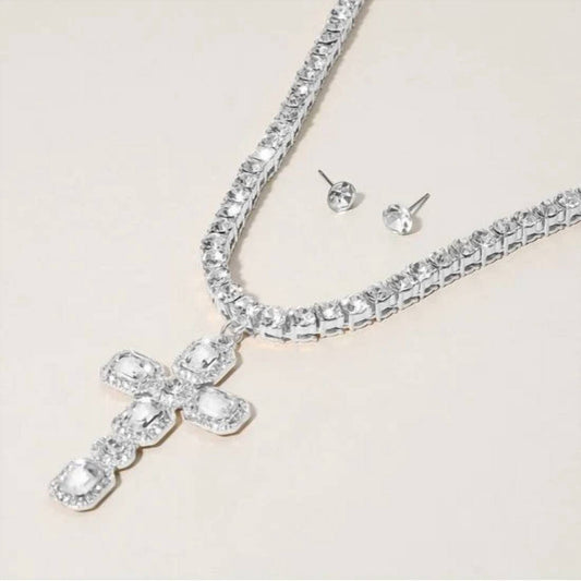 Women's Crystal Cross Necklace & Earring Set