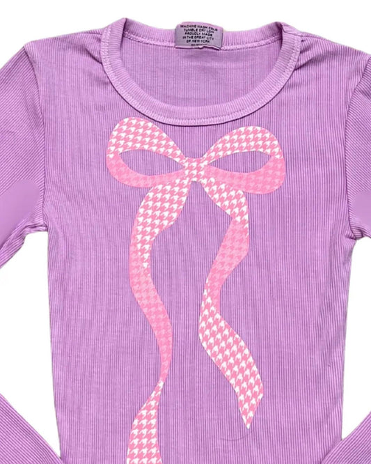 Girl's Houndstooth Bow Long Sleeve Rib Tee