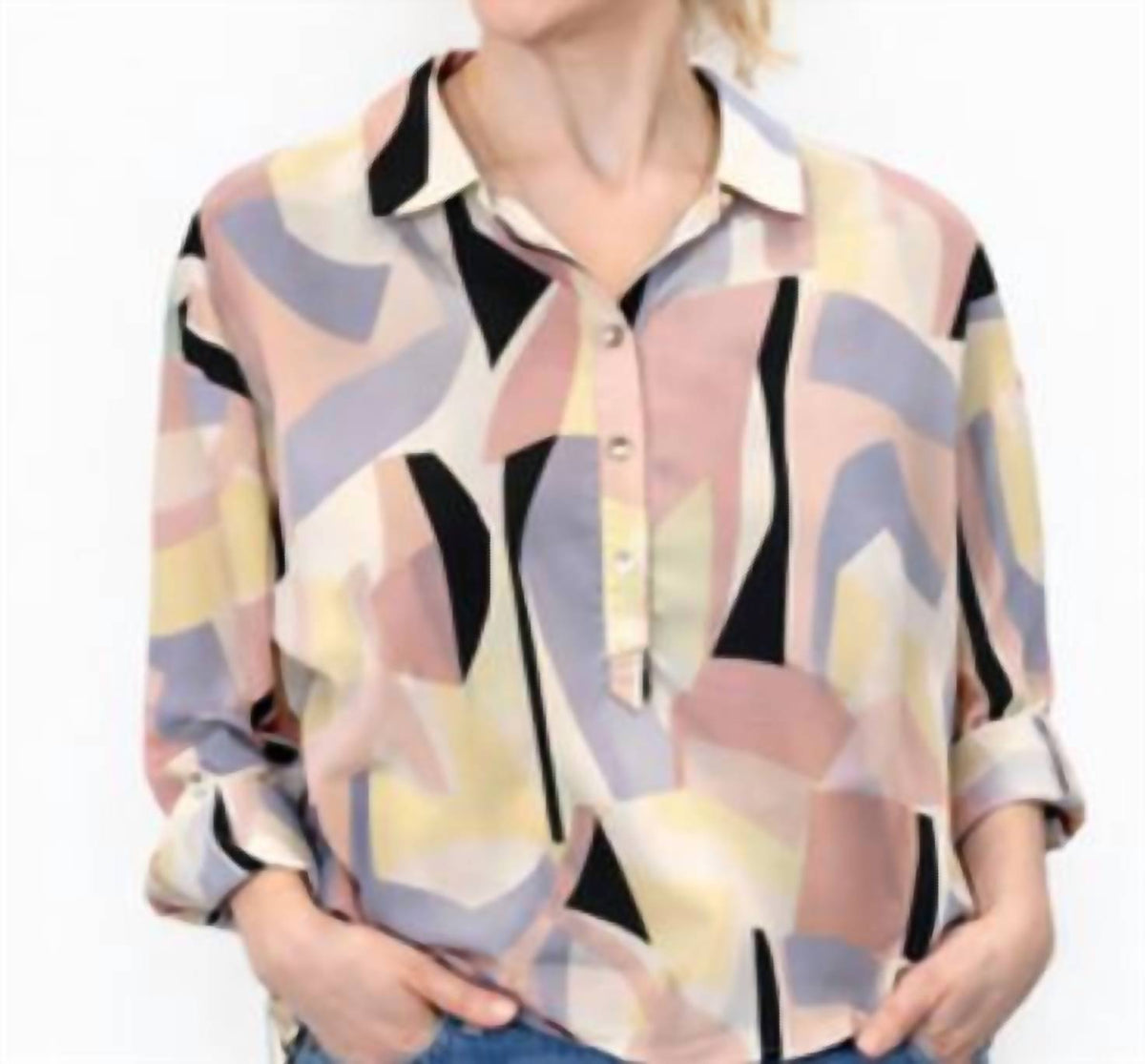 Button Front Roll Tab Sleeve Top