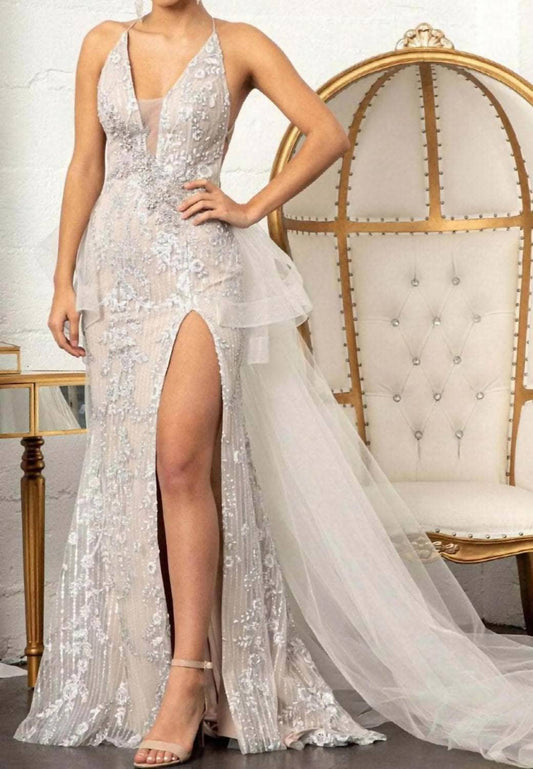 Plunging V-neck Beaded Prom Maxi Dress