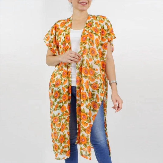 Sunflower Print Lightweight Kimono Swimsuit Cover-up