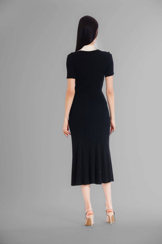 Contrast Collar Short Sleeve Sweater Midi Dress