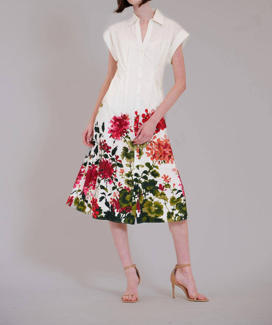 Short Sleeve V-neck Printed Midi Shirt Dress