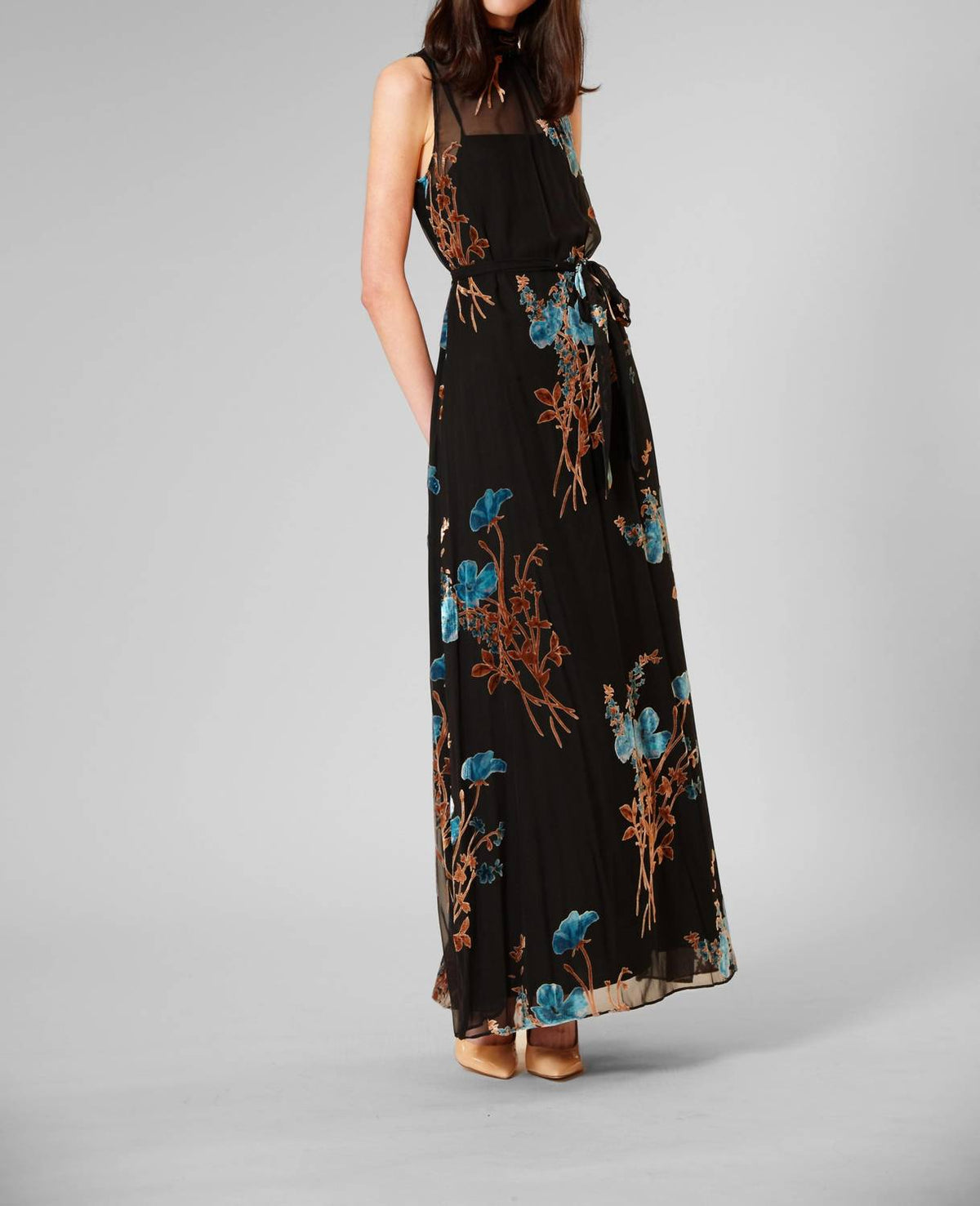 Velvet Print Overlay Gown With Tie Neck