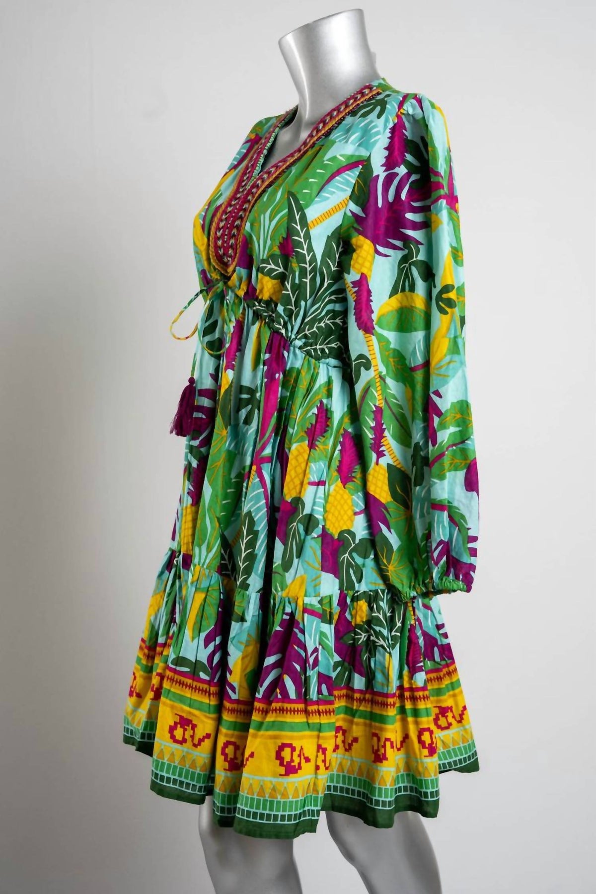 Women's Embroidered Neck Tropical Short Dress