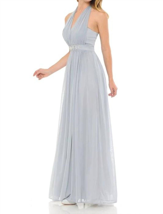 Plunging Halter A-line Prom Maxi Dress