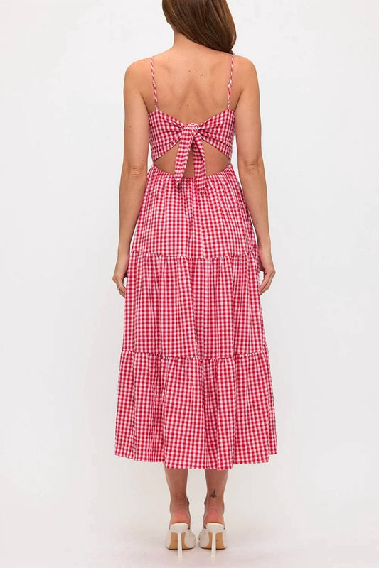Gingham Bow Bust Tie Back Tiered Maxi Dress