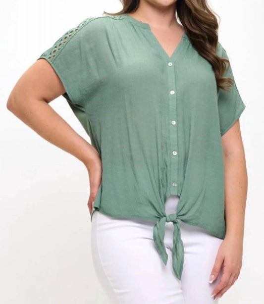 Crochet Detail Tie Front Button Down Short Sleeve Top - Plus