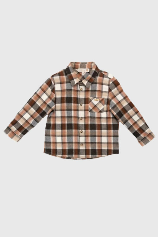 Boy's Herringbone Overall Pants With Plaid Button Up Set