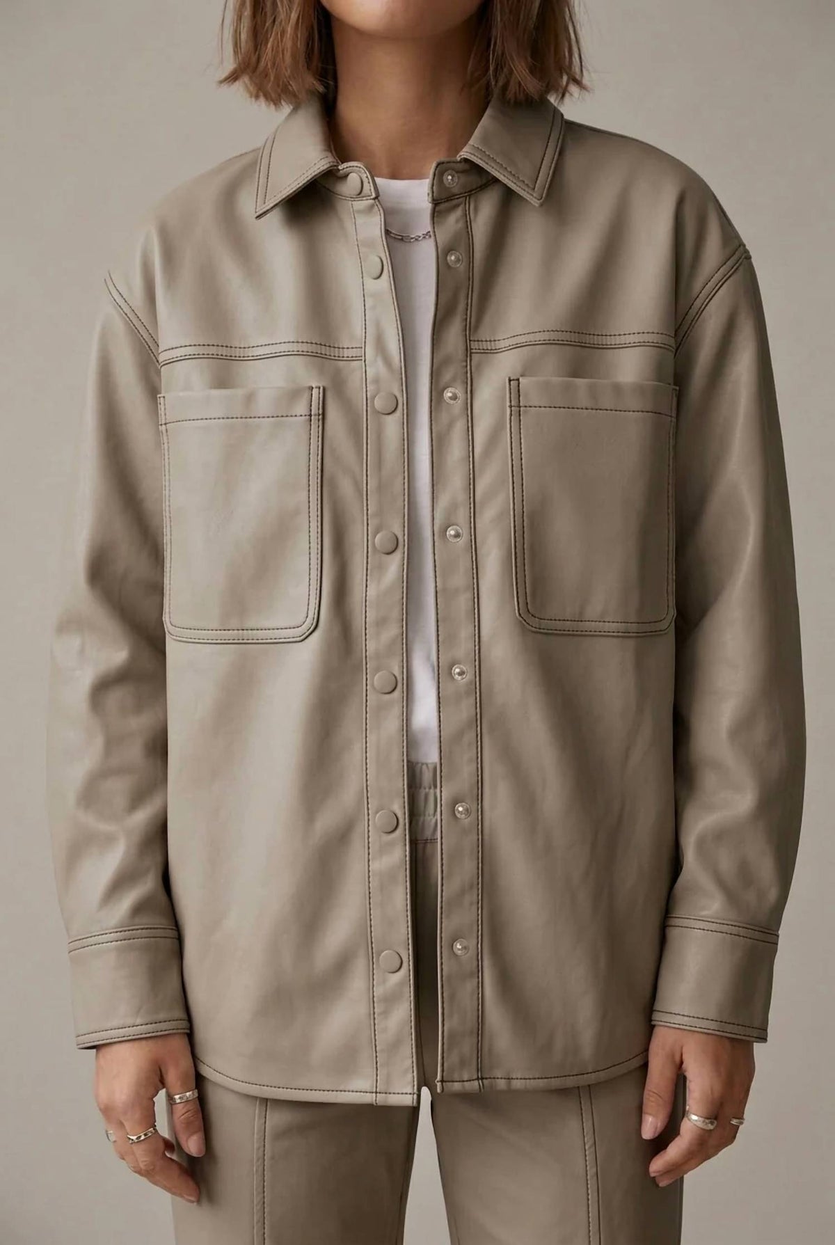 Aliska Distressed Faux Leather Snap Front Shirt