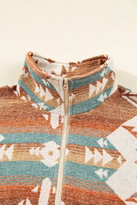 Women's Quarter Zip Elastic Cuffs Aztec Sweatshirt